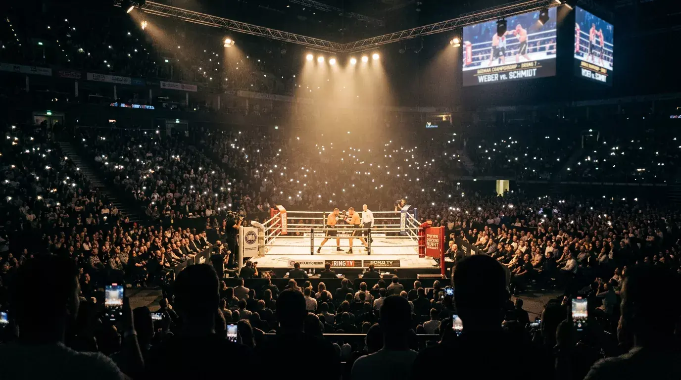 Titelkampf-Arena mit Zuschauern und Ringbeleuchtung